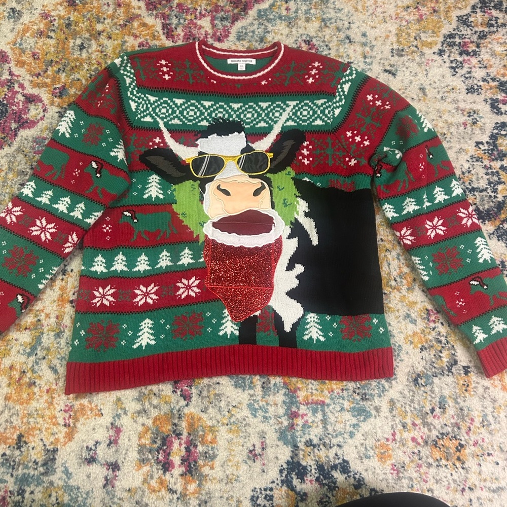 Funny Cow Holiday Sweater with bottle or phone holder
